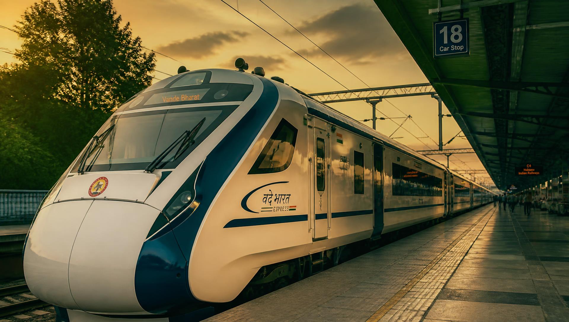 Vande Bharat Express train at a station platform at golden hour